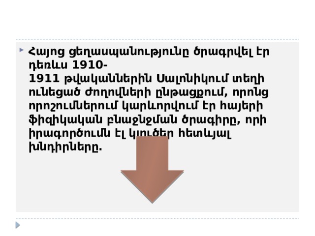 Հայոց ցեղասպանությունը ծրագրվել էր դեռևս 1910-1911 թվականներին Սալոնիկում տեղի ունեցած ժողովների ընթացքում, որոնց որոշումներում կարևորվում էր հայերի ֆիզիկական բնաջնջման ծրագիրը, որի իրագործումն էլ կլուծեր հետևյալ խնդիրները. 