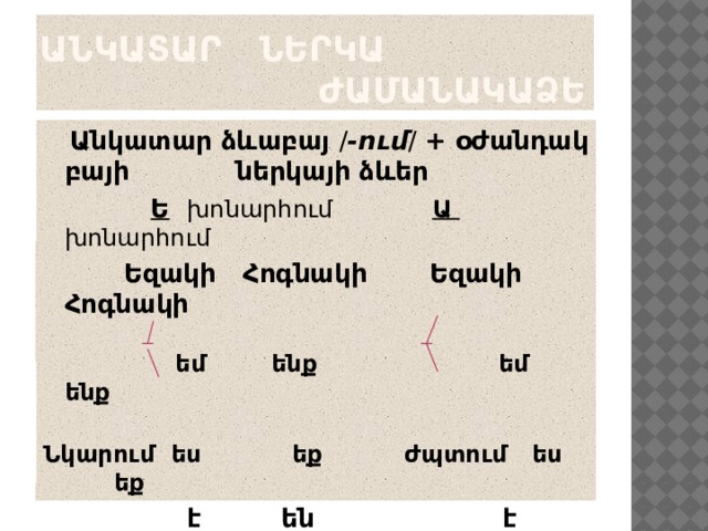 Անկատար ներկա ժամանակաձև  Անկատար ձևաբայ / -ում / + օժանդակ բայի ներկայի ձևեր  Ե   խոնարհում  Ա խոնարհում   Եզակի Հոգնակի Եզակի Հոգնակի   եմ ենք եմ ենք Նկարում ես եք ժպտում ես եք  է են է են         