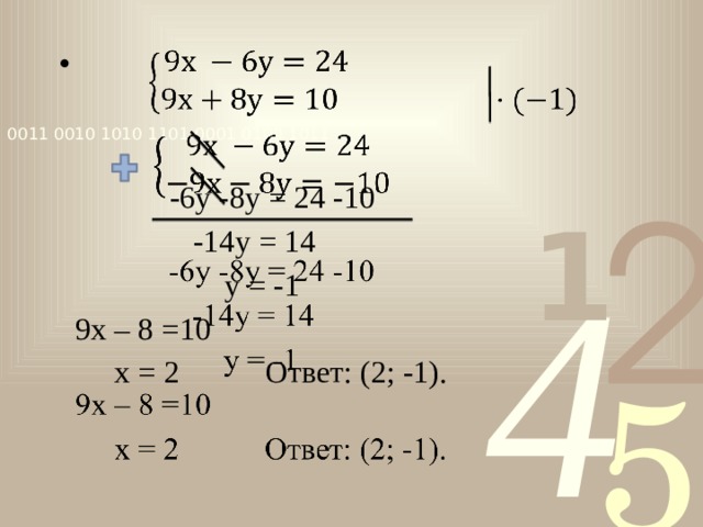    -6у -8у = 24 -10  -14у = 14  у = -1  9х – 8 =10  х = 2 Ответ: (2; -1). 