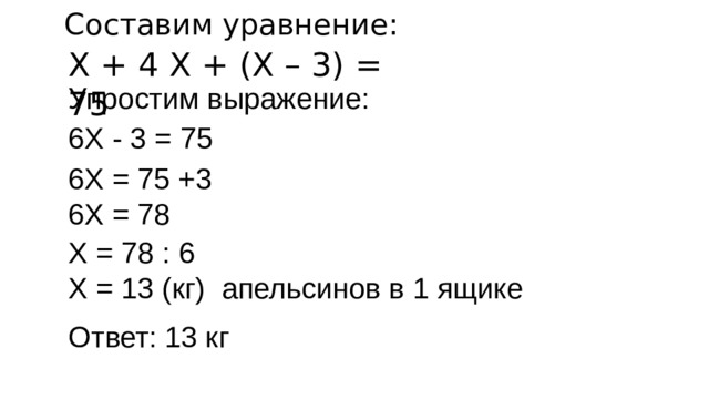 Составим уравнение:   Х + 4 Х + (Х – 3) = 75   Упростим выражение:   6Х - 3 = 75   6Х = 75 +3  6Х = 78   Х = 78 : 6  Х = 13 (кг) апельсинов в 1 ящике Ответ: 13 кг   