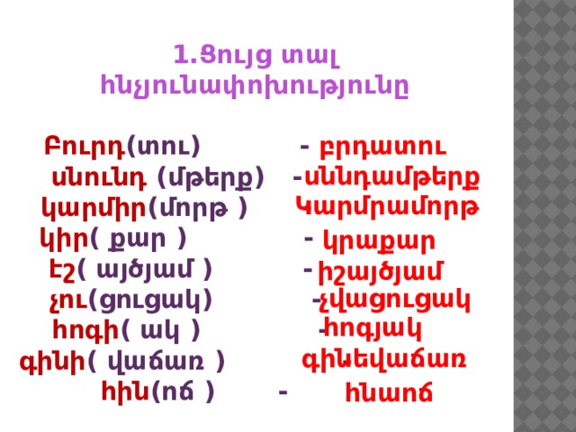 1․Ցույց տալ հնչյունափոխությունը բրդատու Բուրդ (տու) - սնունդ (մթերք) - կարմիր (մորթ ) - կիր ( քար ) -  էշ ( այծյամ ) -  չու (ցուցակ) -  հոգի ( ակ ) -  գինի ( վաճառ ) -   հին (ոճ ) -   սննդամթերք Կարմրամորթ կրաքար իշայծյամ չվացուցակ հոգյակ գինեվաճառ հնաոճ 
