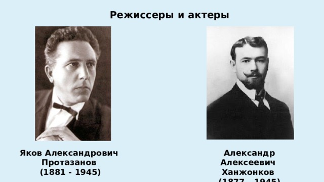 Режиссеры и актеры Яков Александрович  Александр Алексеевич  Протазанов  Ханжонков  (1881 - 1945) (1877 – 1945) 