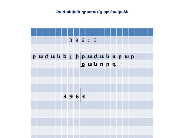  Բաժանման գրառումը սյունակաձև   բ ա ժ ա ն 3 9 ե լ 6 : ի բ 3 ք ա 3 ա ժ 9 ա ն 6 ն ո 3 ր ա դ ր ա ր  