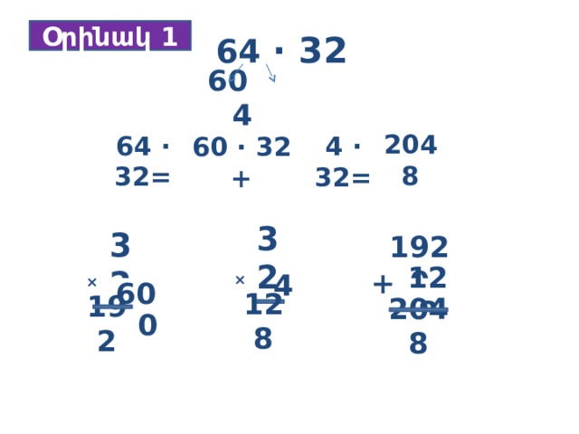 64 · 32 Օրինակ 1 60 4 64 · 32= 2048 60 · 32 + 4 · 32= 32 32 1920 +  ×  × 4 60 128 128 192 0 2048 