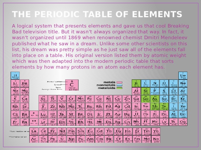 THE PERIODIC TABLE OF ELEMENTS A logical system that presents elements and gave us that cool Breaking Bad television title. But it wasn’t always organized that way. In fact, it wasn’t organized until 1869 when renowned chemist Dmitri Mendeleev published what he saw in a dream. Unlike some other scientists on this list, his dream was pretty simple as he just saw all of the elements fall into place on a table. His original version listed them by atomic weight which was then adapted into the modern periodic table that sorts elements by how many protons in an atom each element has. 