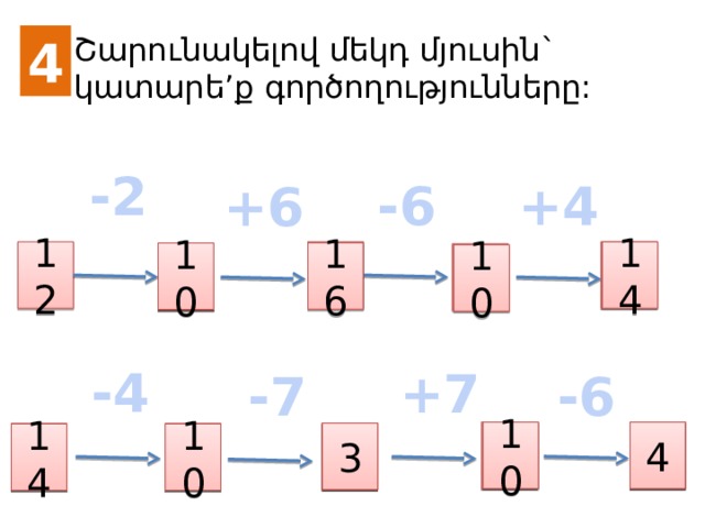 4 Շարունակելով մեկդ մյուսին` կատարե’ք գործողությունները: -2 -6 +4 +6 14 12 16 10 10 -4 +7 -6 -7 10 4 3 14 10 