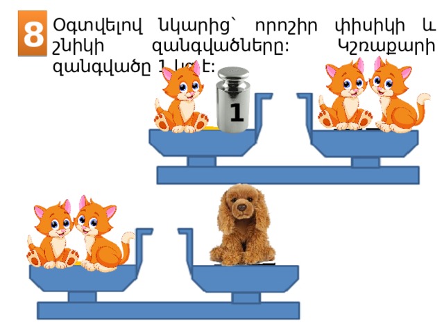 8 Օգտվելով նկարից` որոշիր փիսիկի և շնիկի զանգվածները: Կշռաքարի զանգվածը 1 կգ է: 1 