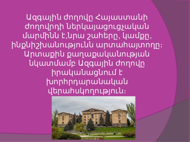 Ազգային ժողովը Հայաստանի ժողովրդի ներկայացուցչական մարմինն է,նրա շահերը, կամքը, ինքնիշխանությունն արտահայտողը։  Արտաքին քաղաքականության նկատմամբ Ազգային ժողովը իրականացնում է խորհրդարանական վերահսկողություն։      