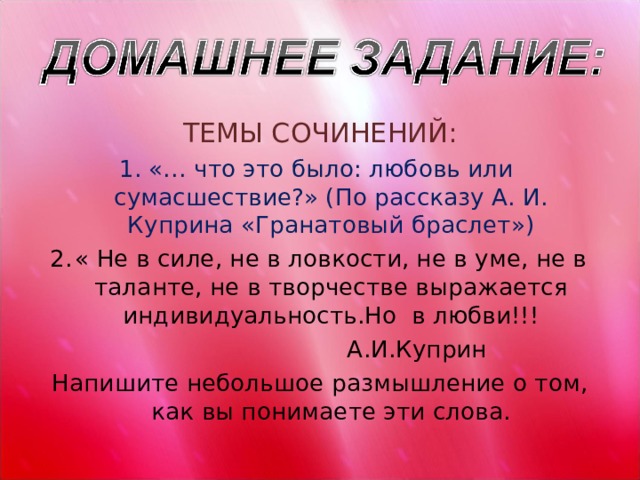 Тезисный план гранатовый браслет