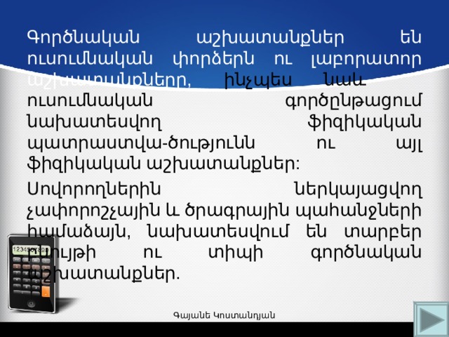 Գործնական աշխատանքներ են ուսումնական փորձերն ու լաբորատոր  աշխատանքները,  ինչպես նաև  ուսումնական գործընթացում նախատեսվող  ֆիզիկական պատրաստվա - ծությունն ու այլ ֆիզիկական աշխատանքներ: Սովորողներին ներկայացվող չափորոշչային և ծրագրային  պահանջների համաձայն, նախատեսվում են տարբեր բնույթի ու տիպի գործնական աշխատանքներ. Գայանե Կոստանդյան 