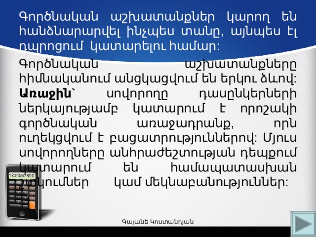 Գործնական աշխատանքներ կարող են հանձնարարվել ինչպես տանը, այնպես էլ դպրոցում կատարելու համար: Գործնական աշխատանքները հիմնականում անցկացվում են երկու ձևով: Առաջին` սովորողը դասընկերների ներկայությամբ կատարում է որոշակի գործնական առաջադրանք, որն ուղեկցվում է բացատրություններով: Մյուս սովորողները անհրաժեշտության դեպքում կատարում են համապատասխան շտկումներ  կամ մեկնաբանություններ: Գայանե Կոստանդյան 