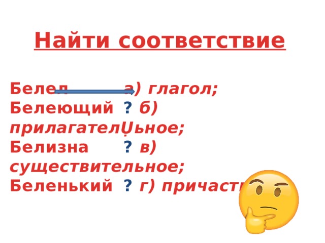 Найти соответствие  Белел    а) глагол; Белеющий  ?  б) прилагателỤьное; Белизна   ?  в) существительное; Беленький  ?  г) причастие 