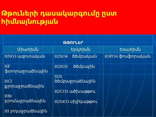 Թթուների դասակարգումը ըստ հիմնայնության    ԹԹՈՒՆԵՐ  Միահիմն  Երկհիմն HNO3 ազոտական H2SO4 ծծմբական  Եռահիմն H3PO4 ֆոսֆորական HF ֆտորաջրածնային H2SO3 ծծմբային HCl քլորաջրածնային H2S ծծմբաջրածնային HBr բրոմաջրածնային H2CO3 ածխաթթու HI յոդաջրածնային H2SiO3 սիլիկաթթու 