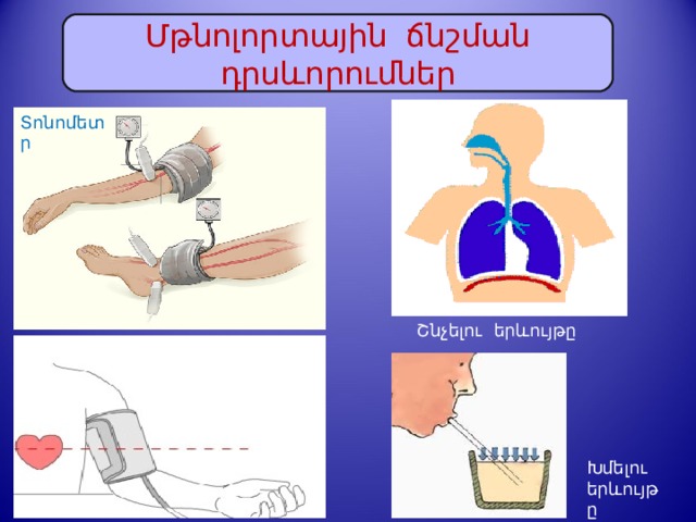 Մթնոլորտային ճնշման դրսևորումներ Տոնոմետր Շնչելու երևույթը Խմելու երևույթը 