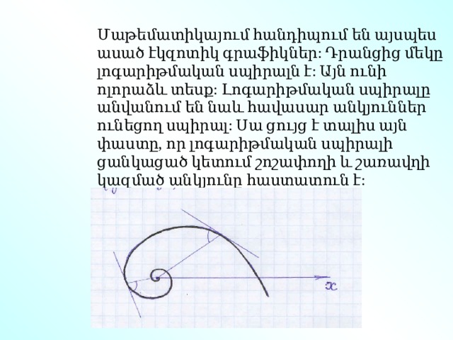  Մաթեմատիկայում հանդիպում են այսպես ասած էկզոտիկ գրաֆիկներ: Դրանցից մեկը լոգարիթմական սպիրալն է: Այն ունի ոլորաձև տեսք: Լոգարիթմական սպիրալը անվանում են նաև հավասար անկյուններ ունեցող սպիրալ: Սա ցույց է տալիս այն փաստը, որ լոգարիթմական սպիրալի ցանկացած կետում շոշափողի և շառավղի կազմած անկյունը հաստատուն է: 