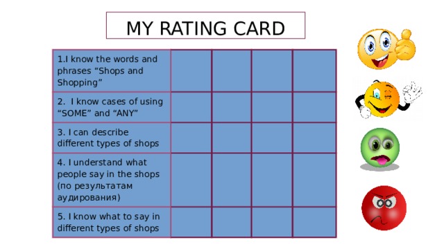 MY RATING CARD 1.I know the words and phrases “Shops and Shopping” 2. I know cases of using “SOME” and “ANY” 3. I can describe different types of shops 4. I understand what people say in the shops (по результатам аудирования) 5. I know what to say in different types of shops
