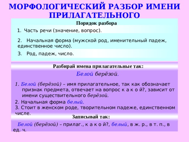 Схема разбора имени прилагательного