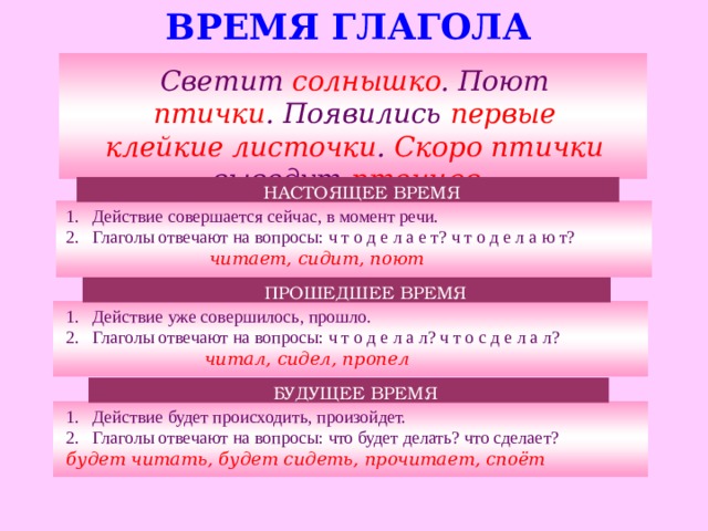 ВРЕМЯ ГЛАГОЛА Светит солнышко . Поют птички . Появились первые клейкие листочки . Скоро птички выведут птенцов .  НАСТОЯЩЕЕ ВРЕМЯ Действие совершается сейчас, в момент речи. Глаголы отвечают на вопросы: ч т о д е л а е т? ч т о д е л а ю т?  читает, сидит, поют ПРОШЕДШЕЕ ВРЕМЯ Действие уже совершилось, прошло. Глаголы отвечают на вопросы: ч т о д е л а л? ч т о с д е л а л?   читал, сидел, пропел БУДУЩЕЕ ВРЕМЯ Действие будет происходить, произойдет. Глаголы отвечают на вопросы: что будет делать? что сделает? будет читать, будет сидеть, прочитает, споёт  
