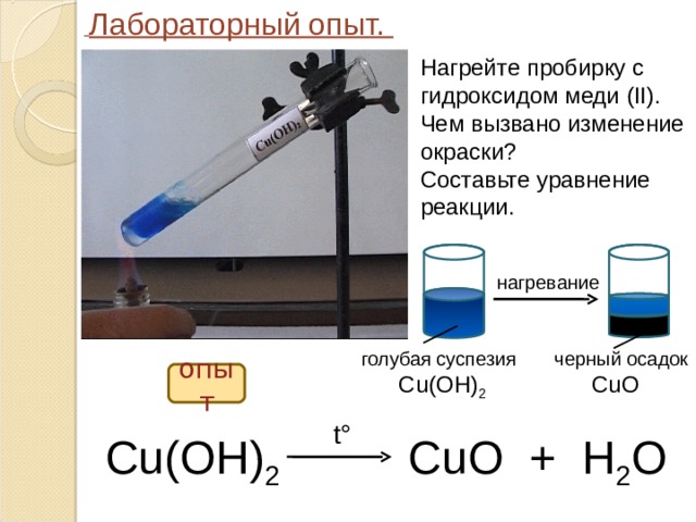  Лабораторный опыт. Нагрейте пробирку с гидроксидом меди ( II ). Чем вызвано изменение окраски? Составьте уравнение реакции.  нагревание голубая суспезия  Cu(OH) 2 черный осадок  CuO опыт t° С u(OH) 2 CuO + H 2 O  