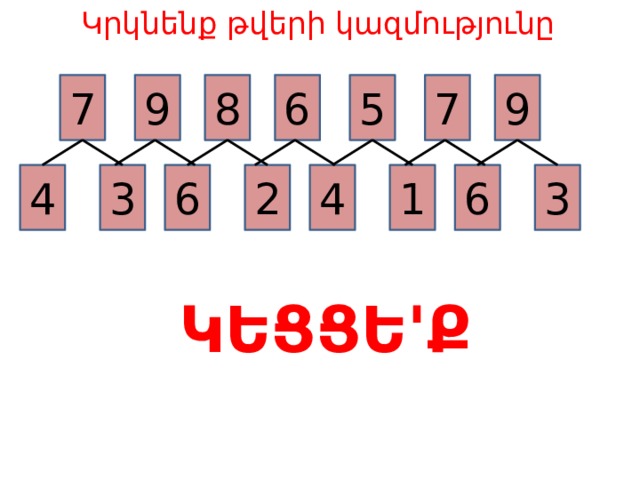 Կրկնենք թվերի կազմությունը   8 6 7 5 7 9 9 4 3 6 1 2 6 3 4 ԿԵՑՑԵ ' Ք 