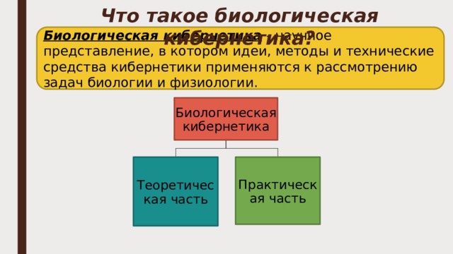 Что такое биологическая кибернетика? Биологическая кибернетика  - научное представление, в котором идеи, методы и технические средства кибернетики применяются к рассмотрению задач биологии и физиологии. Биологическая кибернетика Теоретическая часть Практическая часть 