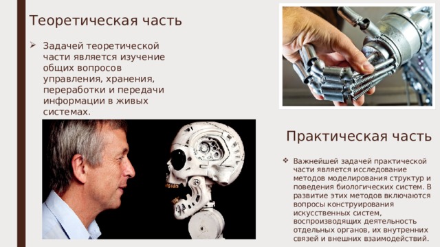 Теоретическая часть Задачей теоретической части является изучение общих вопросов управления, хранения, переработки и передачи информации в живых системах. Практическая часть Важнейшей задачей практической части является исследование методов моделирования структур и поведения биологических систем. В развитие этих методов включаются вопросы конструирования искусственных систем, воспроизводящих деятельность отдельных органов, их внутренних связей и внешних взаимодействий. 