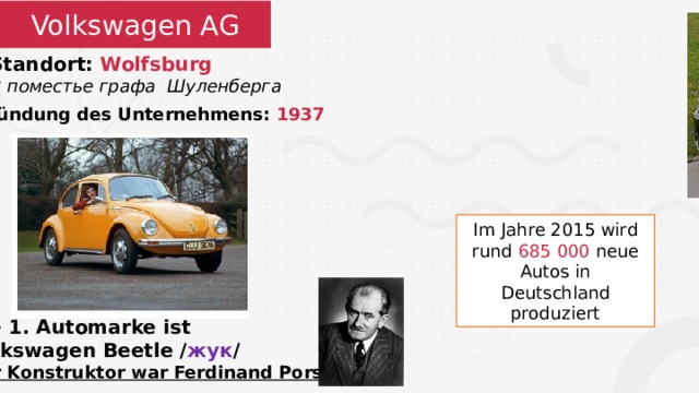 Volkswagen AG Standort: Wolfsburg В поместье графа Шуленберга Gründung des Unternehmens: 1937 Im Jahre 2015 wird rund 685 000 neue Autos in Deutschland produziert Die 1. Automarke ist Volkswagen Beetle / жук / Der Konstruktor war Ferdinand Porsche .  