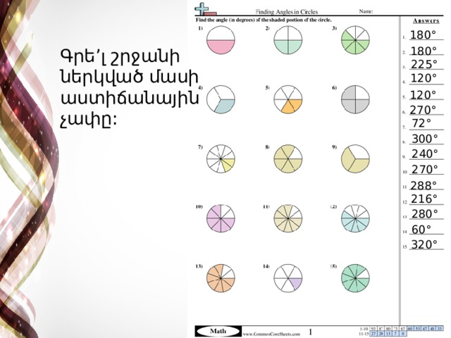 180° 180° Գրե’լ շրջանի ներկված մասի աստիճանային չափը: 225° 120° 120° 270° 72° 300° 240° 270° 288° 216° 280° 60° 320° 