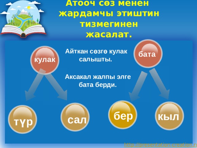 Атооч сөз менен  жардамчы этиштин тизмегинен  жасалат.  Айткан сөзгө кулак салышты. бата кулак Аксакал жалпы элге бата берди. бер кыл сал түр 