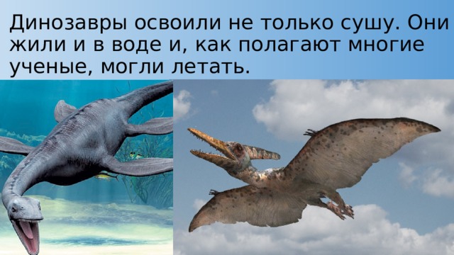 Динозавры освоили не только сушу. Они жили и в воде и, как полагают многие ученые, могли летать. 