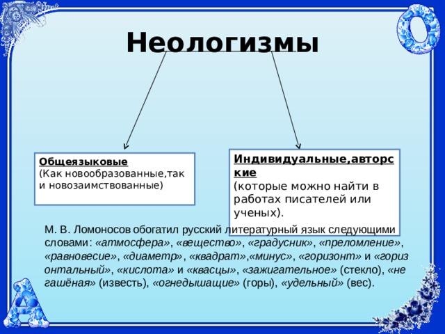 Неологизмы Индивидуальные,авторские (которые можно найти в работах писателей или ученых).    Общеязыковые (Как новообразованные,так и новозаимствованные) М. В. Ломоносов  обогатил русский литературный язык следующими словами:  «атмосфера» ,  «вещество» ,  «градусник» ,  «преломление» ,  «равновесие» ,  «диаметр» ,  «квадрат» , «минус» ,  «горизонт»  и  «горизонтальный» ,  «кислота»  и  «квасцы» ,  «зажигательное»  (стекло),  «негашёная»  (известь),  «огнедышащие»  (горы),  «удельный»  (вес). 