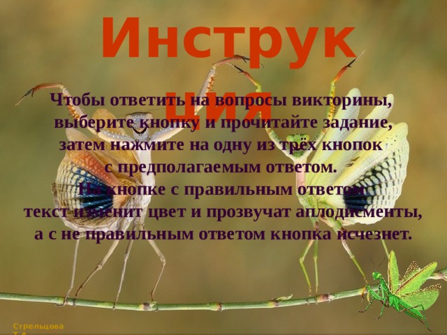 Инструкция Чтобы ответить на вопросы викторины, выберите кнопку и прочитайте задание, затем нажмите на одну из трёх кнопок с предполагаемым ответом. На кнопке с правильным ответом текст изменит цвет и прозвучат аплодисменты, а с не правильным ответом кнопка исчезнет. Стрельцова Т.А. 