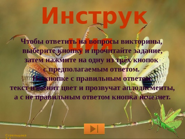 Инструкция Чтобы ответить на вопросы викторины, выберите кнопку и прочитайте задание, затем нажмите на одну из трёх кнопок с предполагаемым ответом. На кнопке с правильным ответом текст изменит цвет и прозвучат аплодисменты, а с не правильным ответом кнопка исчезнет. Стрельцова Т.А. 