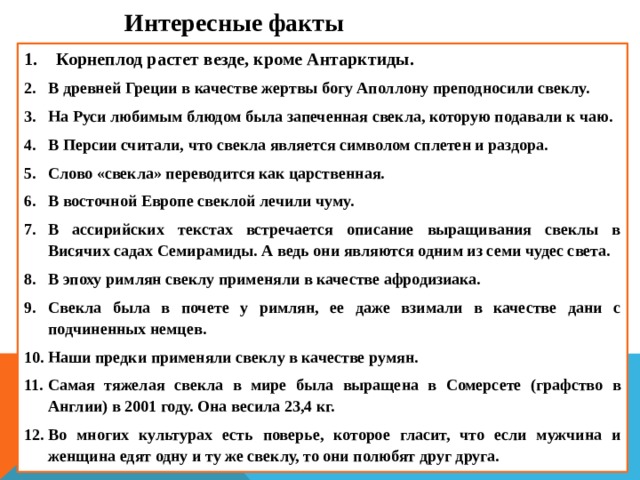 И нтересные факты   Корнеплод растет везде, кроме Антарктиды. В древней Греции в качестве жертвы богу Аполлону преподносили свеклу. На Руси любимым блюдом была запеченная свекла, которую подавали к чаю. В Персии считали, что свекла является символом сплетен и раздора. Слово «свекла» переводится как царственная. В восточной Европе свеклой лечили чуму. В ассирийских текстах встречается описание выращивания свеклы в Висячих садах Семирамиды. А ведь они являются одним из семи чудес света. В эпоху римлян свеклу применяли в качестве афродизиака. Свекла была в почете у римлян, ее даже взимали в качестве дани с подчиненных немцев. Наши предки применяли свеклу в качестве румян. Самая тяжелая свекла в мире была выращена в Сомерсете (графство в Англии) в 2001 году. Она весила 23,4 кг. Во многих культурах есть поверье, которое гласит, что если мужчина и женщина едят одну и ту же свеклу, то они полюбят друг друга.   