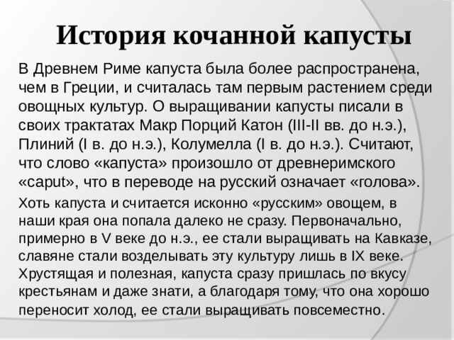 История кочанной капусты В Древнем Риме капуста была более распространена, чем в Греции, и считалась там первым растением среди овощных культур. О выращивании капусты писали в своих трактатах Макр Порций Катон (III-II вв. до н.э.), Плиний (I в. до н.э.), Колумелла (I в. до н.э.). Считают, что слово «капуста» произошло от древнеримского «caput», что в переводе на русский означает «голова». Хоть капуста и считается исконно «русским» овощем, в наши края она попала далеко не сразу. Первоначально, примерно в V веке до н.э., ее стали выращивать на Кавказе, славяне стали возделывать эту культуру лишь в IX веке. Хрустящая и полезная, капуста сразу пришлась по вкусу крестьянам и даже знати, а благодаря тому, что она хорошо переносит холод, ее стали выращивать повсеместно . 