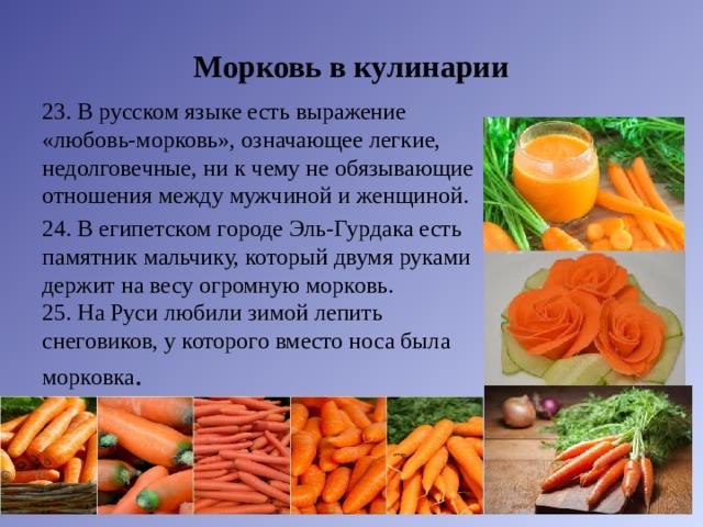 Морковь в кулинарии 23. В русском языке есть выражение «любовь-морковь», означающее легкие, недолговечные, ни к чему не обязывающие отношения между мужчиной и женщиной. 24. В египетском городе Эль-Гурдака есть памятник мальчику, который двумя руками держит на весу огромную морковь. 25. На Руси любили зимой лепить снеговиков, у которого вместо носа была морковка . 