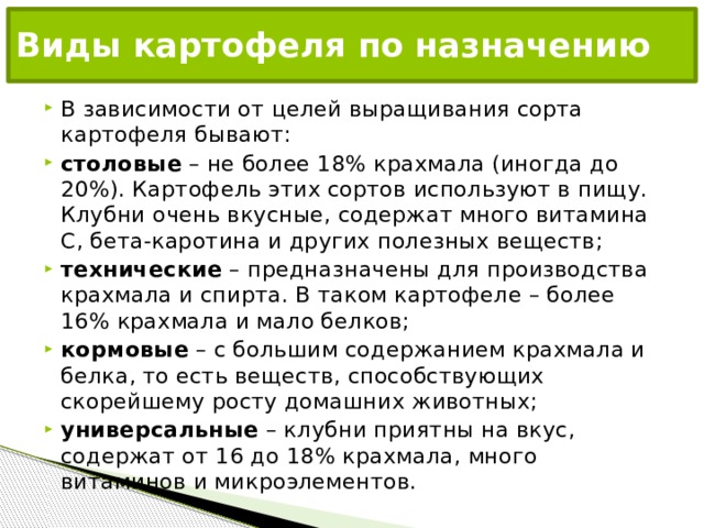 Виды картофеля по назначению В зависимости от целей выращивания сорта картофеля бывают: столовые – не более 18% крахмала (иногда до 20%). Картофель этих сортов используют в пищу. Клубни очень вкусные, содержат много витамина C, бета-каротина и других полезных веществ; технические – предназначены для производства крахмала и спирта. В таком картофеле – более 16% крахмала и мало белков; кормовые – с большим содержанием крахмала и белка, то есть веществ, способствующих скорейшему росту домашних животных; универсальные – клубни приятны на вкус, содержат от 16 до 18% крахмала, много витаминов и микроэлементов. 