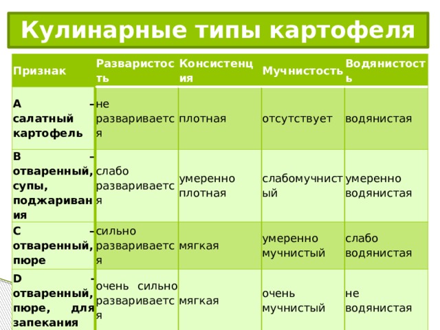 Кулинарные типы картофеля Признак А – салатный картофель Разваристость Консистенция не разваривается В – отваренный, супы, поджаривания плотная слабо разваривается Мучнистость С – отваренный, пюре D - отваренный, пюре, для запекания Водянистость отсутствует умеренно плотная сильно разваривается очень сильно разваривается слабомучнистый мягкая водянистая умеренно мучнистый мягкая умеренно водянистая слабо водянистая очень мучнистый не водянистая 