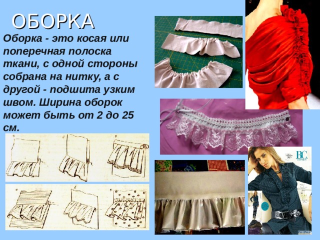 ОБОРКА Оборка - это косая или поперечная полоска ткани, с одной стороны собрана на нитку, а с другой - подшита узким швом. Ширина оборок может быть от 2 до 25 см. 