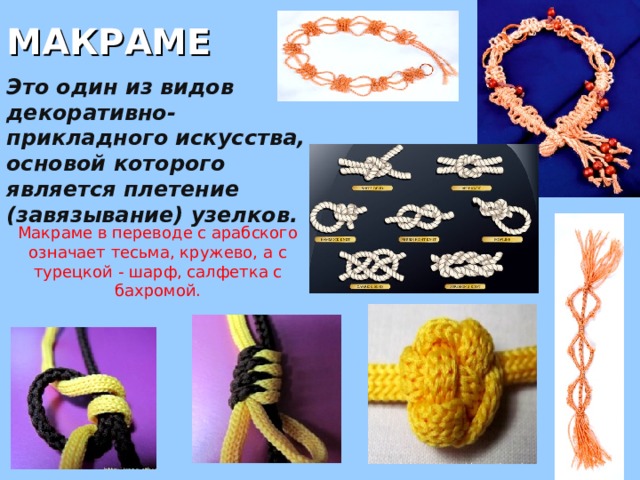 МАКРАМЕ Это один из видов декоративно-прикладного искусства, основой которого является плетение (завязывание) узелков. Макраме в переводе с арабского означает тесьма, кружево, а с турецкой - шарф, салфетка с бахромой. 