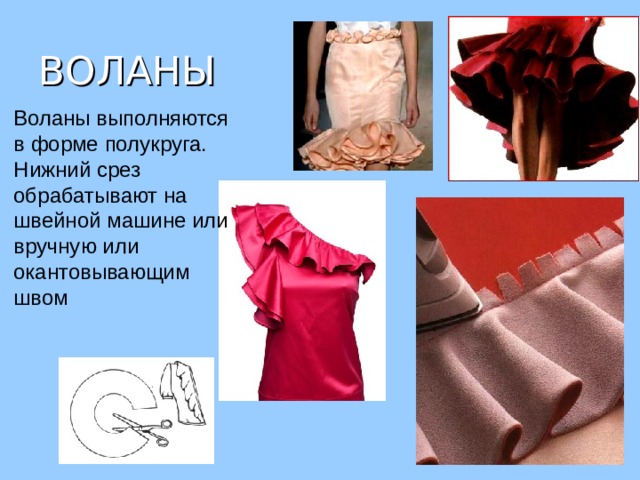 ВОЛАНЫ Воланы выполняются в форме полукруга. Нижний срез обрабатывают на швейной машине или вручную или окантовывающим швом 