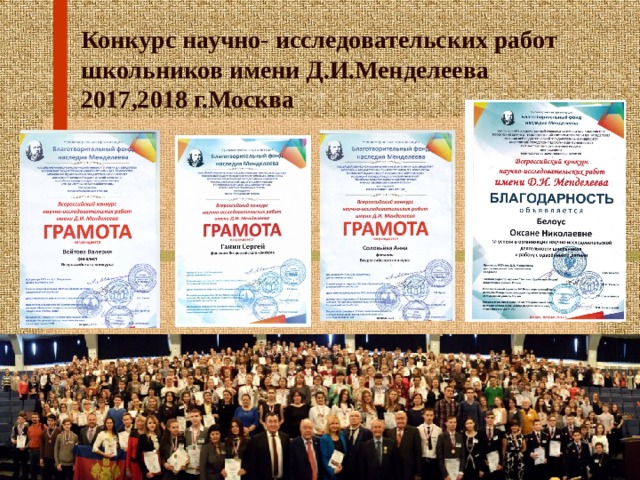 Конкурс научно- исследовательских работ школьников имени Д.И.Менделеева 2017,2018 г.Москва 