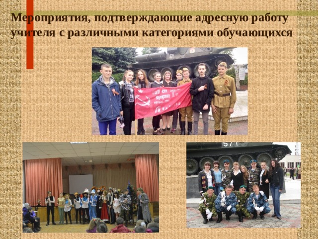 Мероприятия, подтверждающие адресную работу учителя с различными категориями обучающихся 