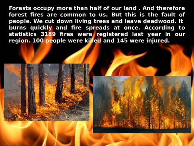 Forests occupy more than half of our land . And therefore forest fires are common to us. But this is the fault of people. We cut down living trees and leave deadwood. It burns quickly and fire spreads at once. According to statistics 3189 fires were registered last year in our region. 100 people were killed and 145 were injured. Fires 
