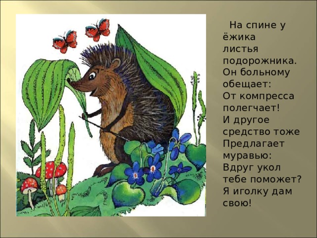  На спине у ёжика  листья подорожника.  Он больному обещает:  От компресса полегчает!  И другое средство тоже  Предлагает муравью:  Вдруг укол тебе поможет?  Я иголку дам свою!  