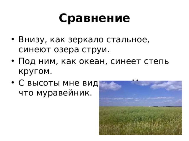 Сравнение Внизу, как зеркало стальное, синеют озера струи. Под ним, как океан, синеет степь кругом. С высоты мне виднелась Москва, что муравейник. 