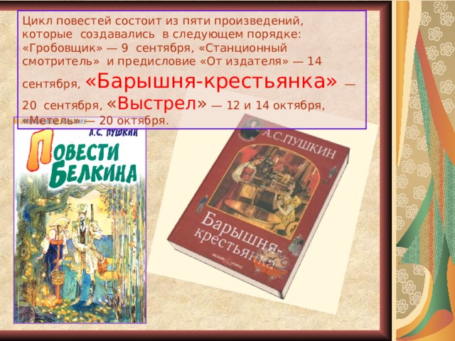 Цикл повестей состоит из пяти произведений, которые создавались в следующем порядке: «Гробовщик» — 9 сентября, «Станционный смотритель» и предисловие «От издателя» — 14 сентября, «Барышня-крестьянка» — 20 сентября, « Выстрел » — 12 и 14 октября, «Метель» — 20 октября. 