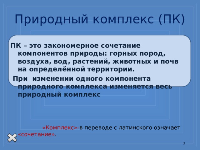 Природный комплекс (ПК) ПК – это закономерное сочетание компонентов природы: горных пород, воздуха, вод, растений, животных и почв на определённой территории.  При изменении одного компонента природного комплекса изменяется весь природный комплекс  «Комплекс»- в переводе с латинского означает «сочетание». Слово 