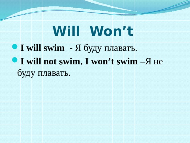 Will Won’t I will swim - Я буду плавать. I will not swim. I won’t swim –Я не буду плавать. 