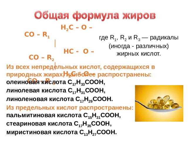  Н 2 С – О – СО – R 1  │  HС - О – СО – R 2  │  Н 2 С – О – СО – R 3   где R 1 , R 2 и R 3 — радикалы (иногда - различных) жирных кислот. Из всех непредельных кислот, содержащихся в природных жирах, наиболее распространены: олеиновая кислота С 17 Н 33 СООН, линолевая кислота С 17 Н 31 СООН, линоленовая кислота С 17 Н 29 СООН. Из предельных кислот распространены: пальмитиновая кислота С 15 Н 31 СООН, стеариновая кислота С 17 Н 35 СООН, миристиновая кислота С 13 Н 27 СООН.  